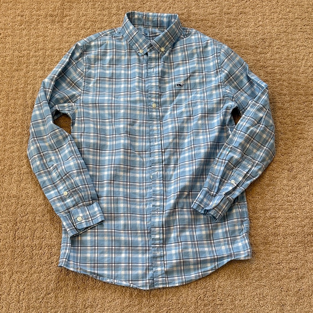 EUC vineyard vines kids Blue Plaid Button-Down Shirt, size M 12-14
